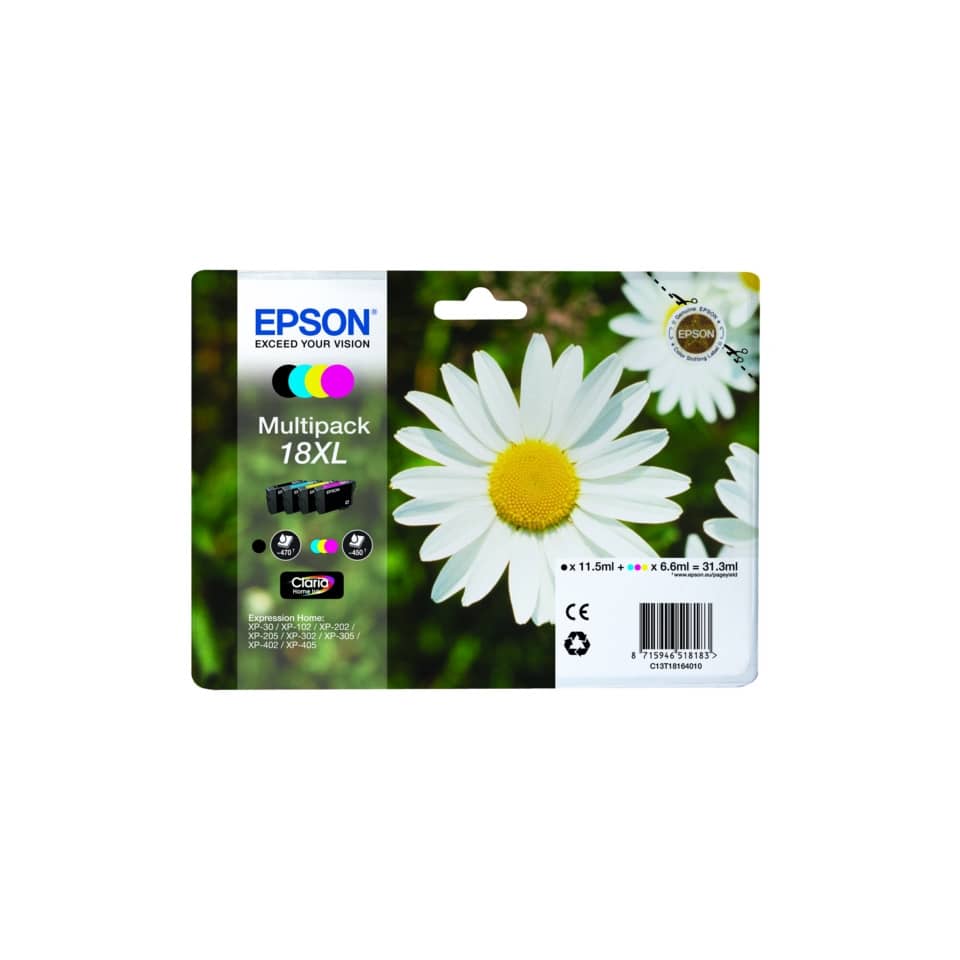 Inkjetpatrone Multipack Nr. 18XL, T1801, 1 x 5,2 ml, 3 x 3,3 ml schwarz, cyan, magenta, yellow EPSON C13T18164012 EPSON C13T18164012 4ST