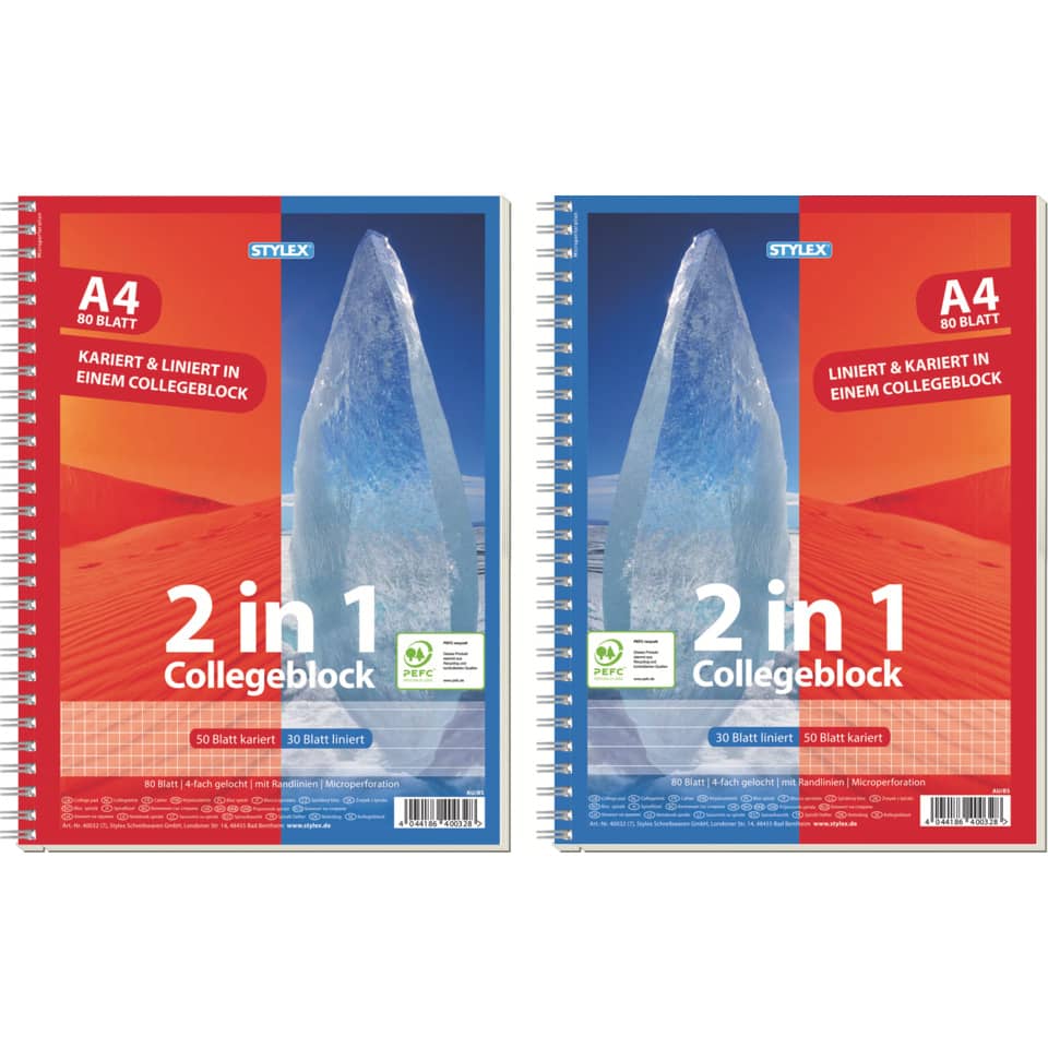Collegeblock 2in1, A4, 80 Blatt, kariert/liniert STYLEX 40032A STYLEX 40032  60g