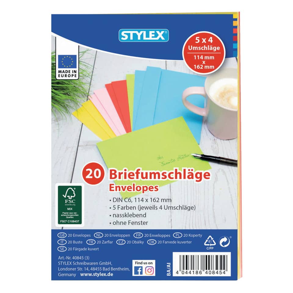 Briefumschlag, C6, 80g/m², nassklebend, sortiert STYLEX 40845 STYLEX 40845 114x162