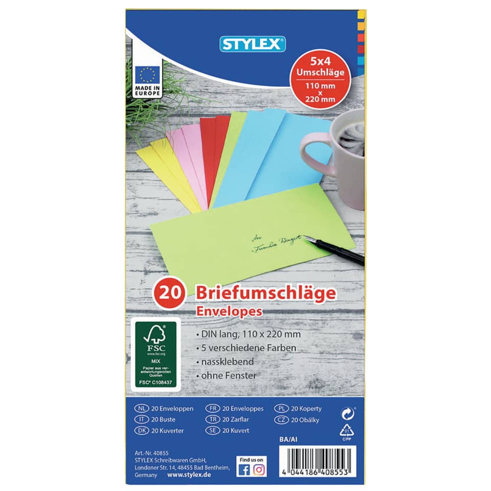Briefumschlag, 110 x 220 mm, 80g/m², nassklebend, sortiert STYLEX 40855 STYLEX 40855 110x220