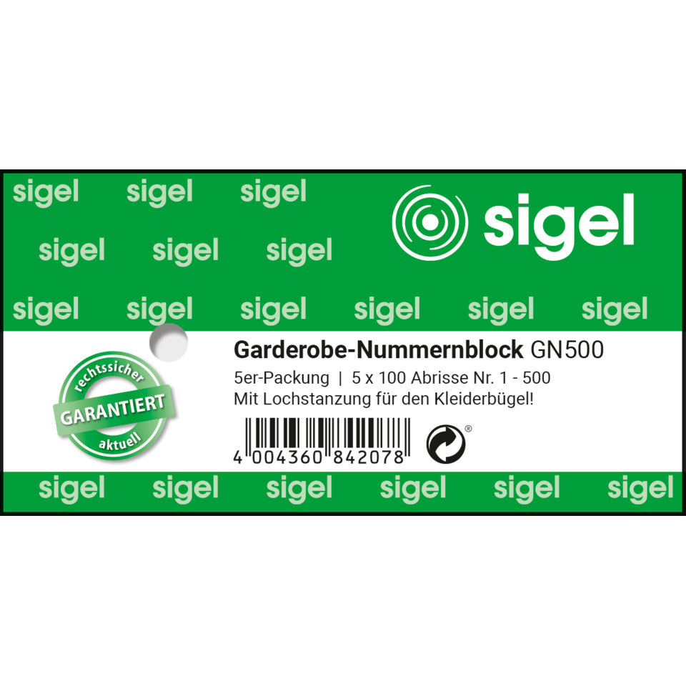 Garderobenblock 1-500, farbig sortiert SIGEL GN500