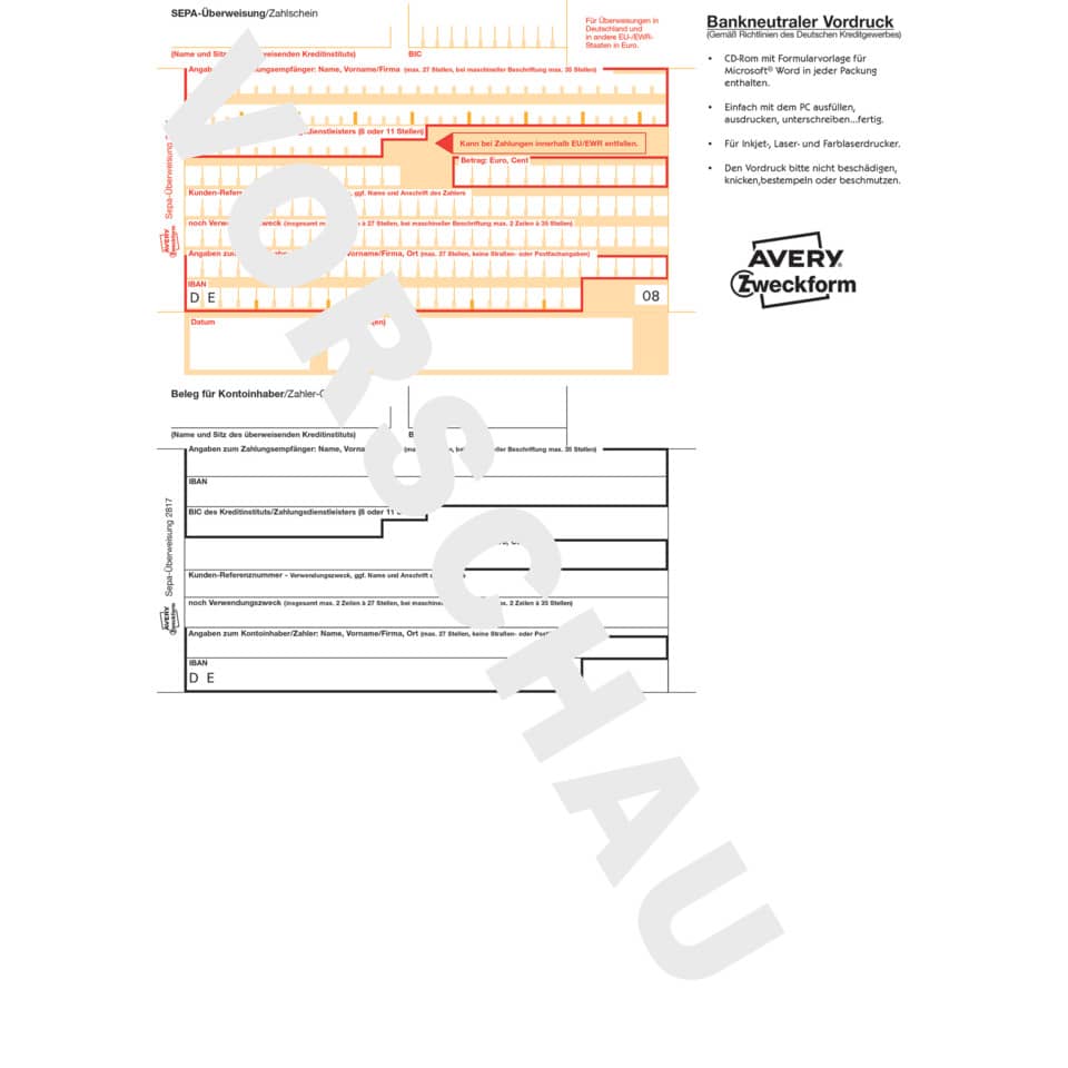 SEPA-Überweisung/Zahlschein, PC-Druckerformular, A4, 200 Blatt AVERY ZWECKFORM 2817-200