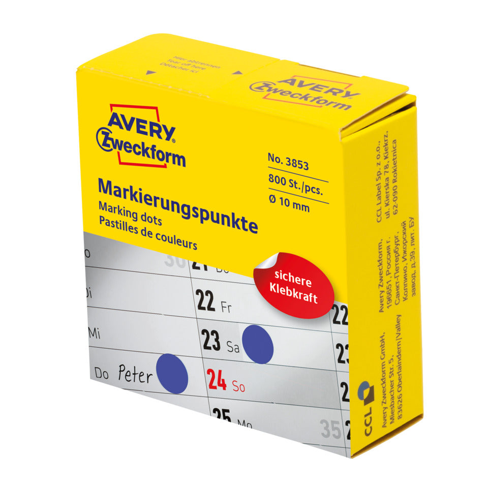 Markierungspunkte, Ø10mm, 800 Stück, blau AVERY ZWECKFORM 3853 ZWECKFORM 3853 i.Spender