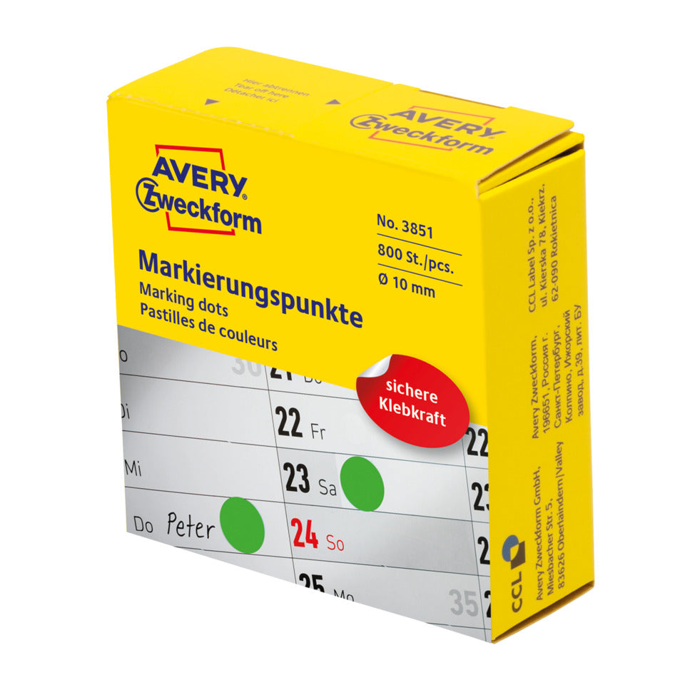 Markierungspunkte, Ø10mm, 800 Stück, grün AVERY ZWECKFORM 3851 ZWECKFORM 3851 i.Spender
