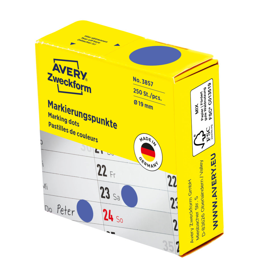 Markierungspunkte, Ø19mm, 250 Stück, blau AVERY ZWECKFORM 3857 ZWECKFORM 3857 i.Spender