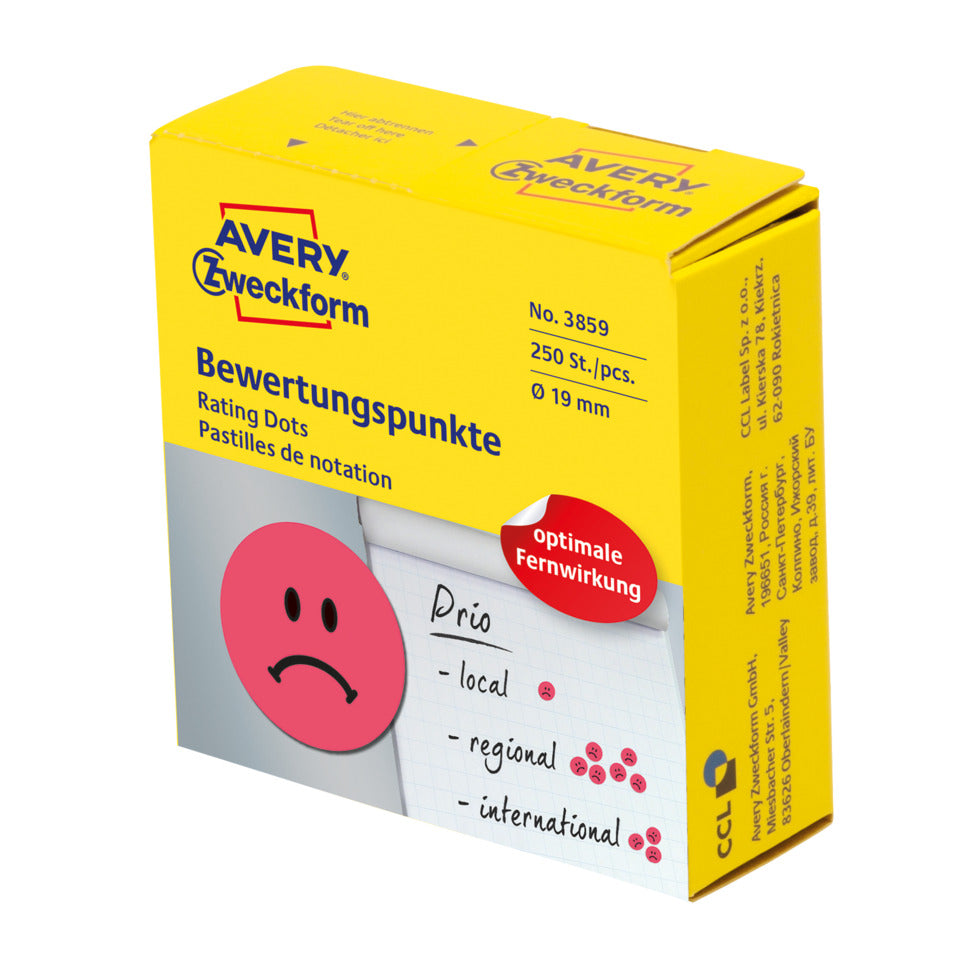 Bewertungspunkte, Ø19 mm, 250 Stück, rot AVERY ZWECKFORM 3859 ZWECKFORM 3859 Spender 250 St permanent