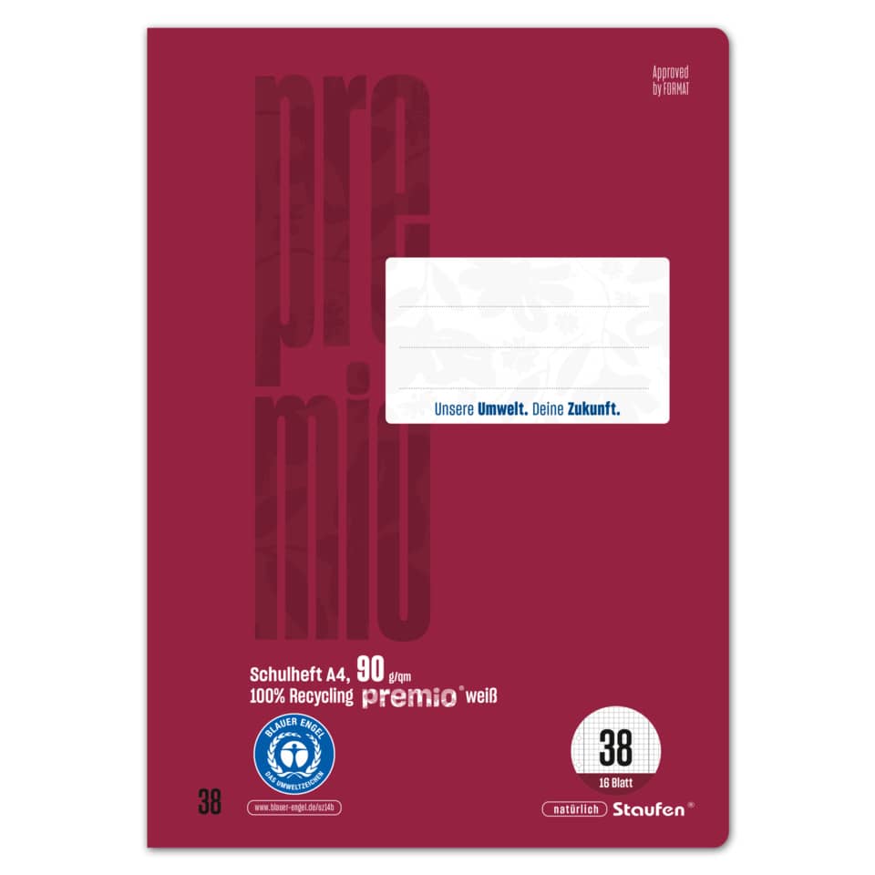 Schulheft Premio, A4, 90g/m², 16 Blatt, Lin.38, kariert STAUFEN PREMIO 040782038 STAUFEN PREMIO 040782038 Rd,perf.gel.90g