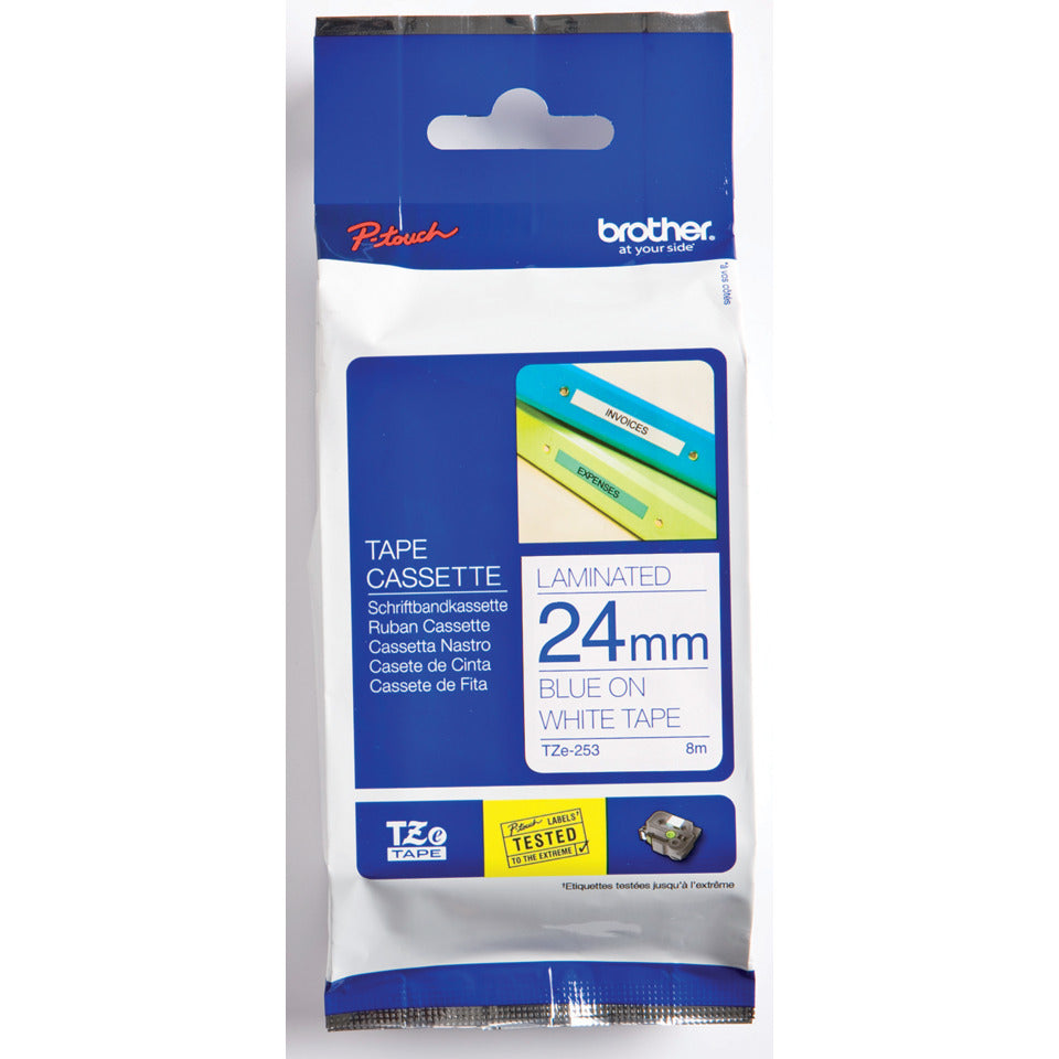 Schriftband, 24mmx8m, blau/weiß BROTHER TZE253 BROTHER TZE253 laminiert