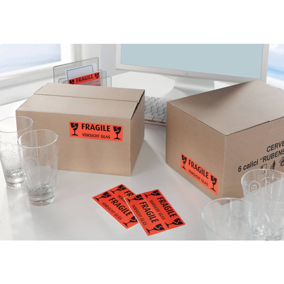Warn-Etiketten Aufdruck ""Fragile - Vorsicht Glas"", 119x38mm, 10 Stück, leuchtrot AVERY ZWECKFORM 3050 ZWECKFORM 3050 10ST