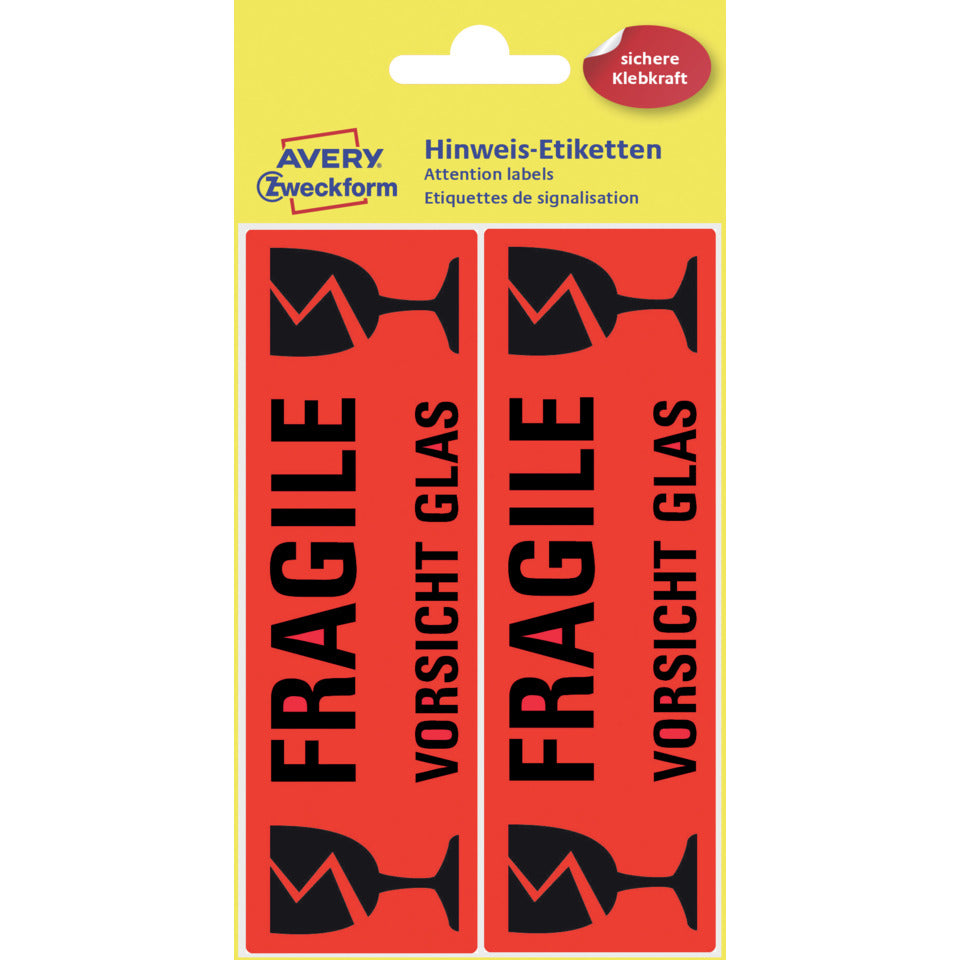 Warn-Etiketten Aufdruck ""Fragile - Vorsicht Glas"", 119x38mm, 10 Stück, leuchtrot AVERY ZWECKFORM 3050 ZWECKFORM 3050 10ST