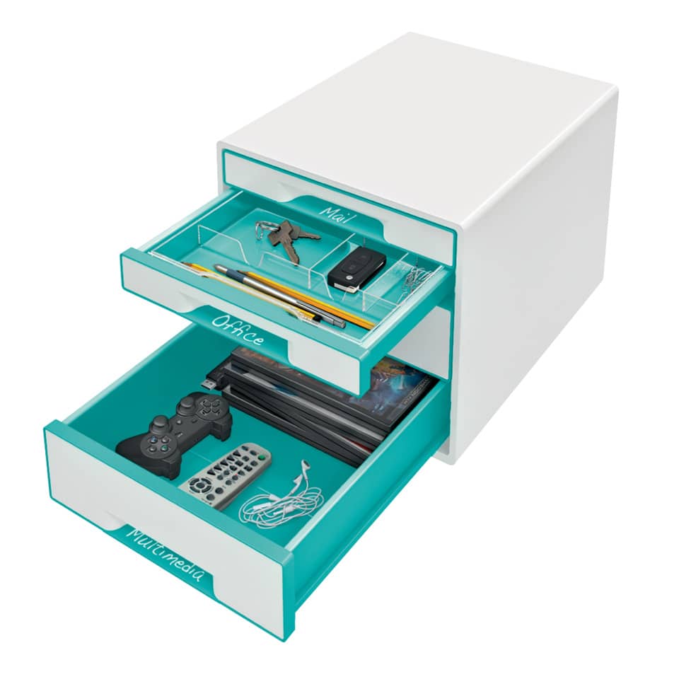 Schubladenbox WOW CUBE, 4 Schubladen, Polystyrol, weiß/eisblau LEITZ 5213-20-51 LEITZ 5213-20-51 4 Schubladen