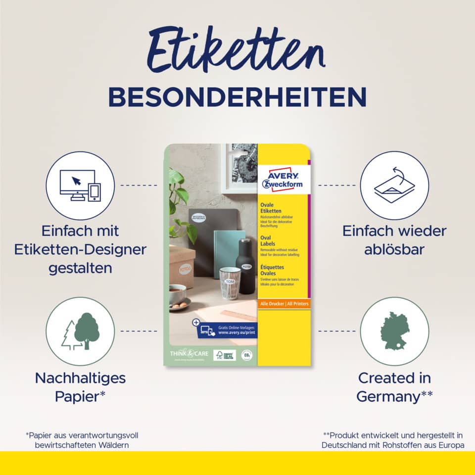 Ovale Etiketten ablösbar, 63,5x42,3mm, 450 Stück, weiß AVERY ZWECKFORM L6024REV-25 ZWECKFORM L6024REV-25 450ST