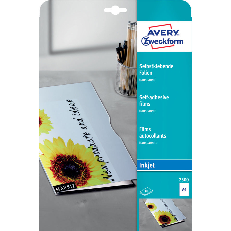 Transparente, selbstklebende Folien, A4, einseitig beschichtet, 10 Blatt AVERY ZWECKFORM 2500 ZWECKFORM 2500 0.14mm
