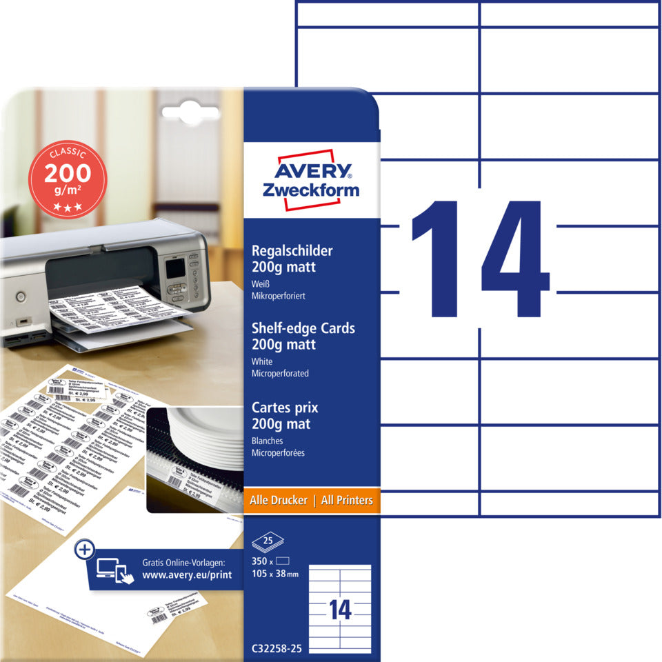 Regalschilder, 105x38mm, beidseitig beschichtet, 350 Stück AVERY ZWECKFORM C32258-25 ZWECKFORM C32258-25 105x38mm