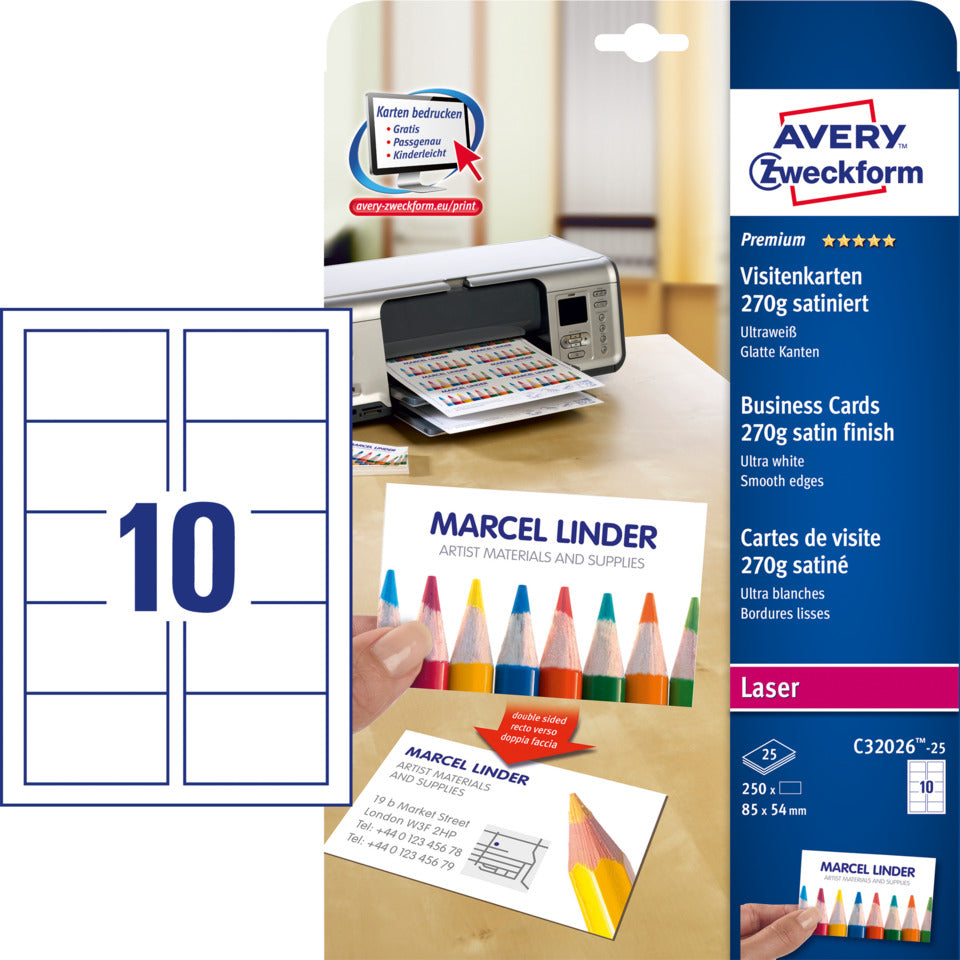 Visitenkarten Premium, 85x54mm, 270g/m², 250 Stück, weiß AVERY ZWECKFORM C32026-25 ZWECKFORM C32026-25 PG=25Bl