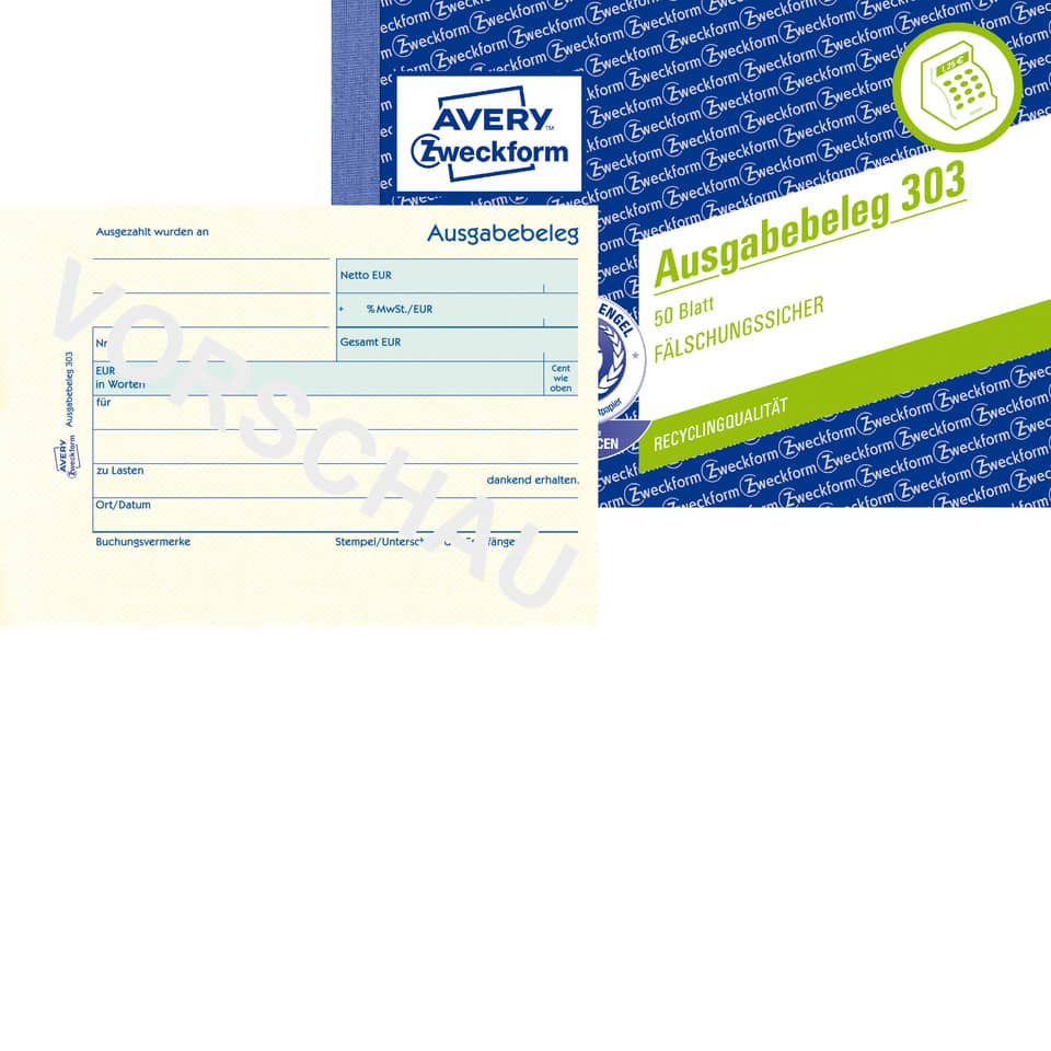 Ausgabebeleg mit Dokumentendruck, A6 quer, gelb, 50 Blatt AVERY ZWECKFORM 303 ZWECKFORM 303 A6q/50Bl