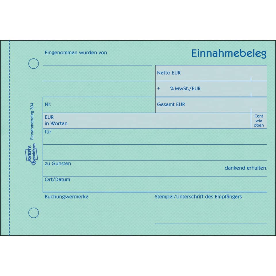 Einnahmebeleg, A6 quer, 50 Blatt, grün AVERY ZWECKFORM 304