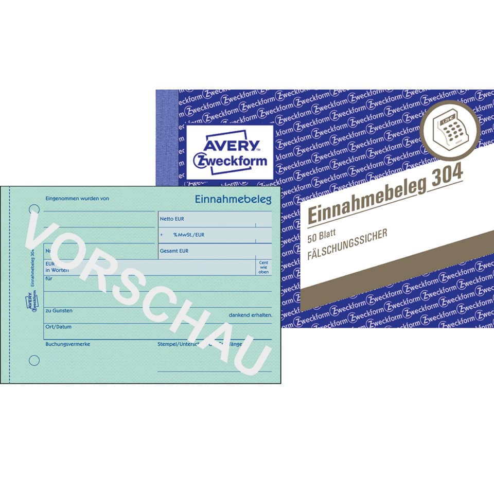 Einnahmebeleg, A6 quer, 50 Blatt, grün AVERY ZWECKFORM 304