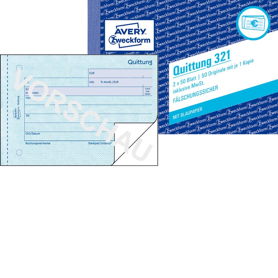 Quittung inkl. MwSt., A6 quer, Blaupapier, 2x50 Blatt AVERY ZWECKFORM 321 ZWECKFORM 321 o,Mwst,Nachw,