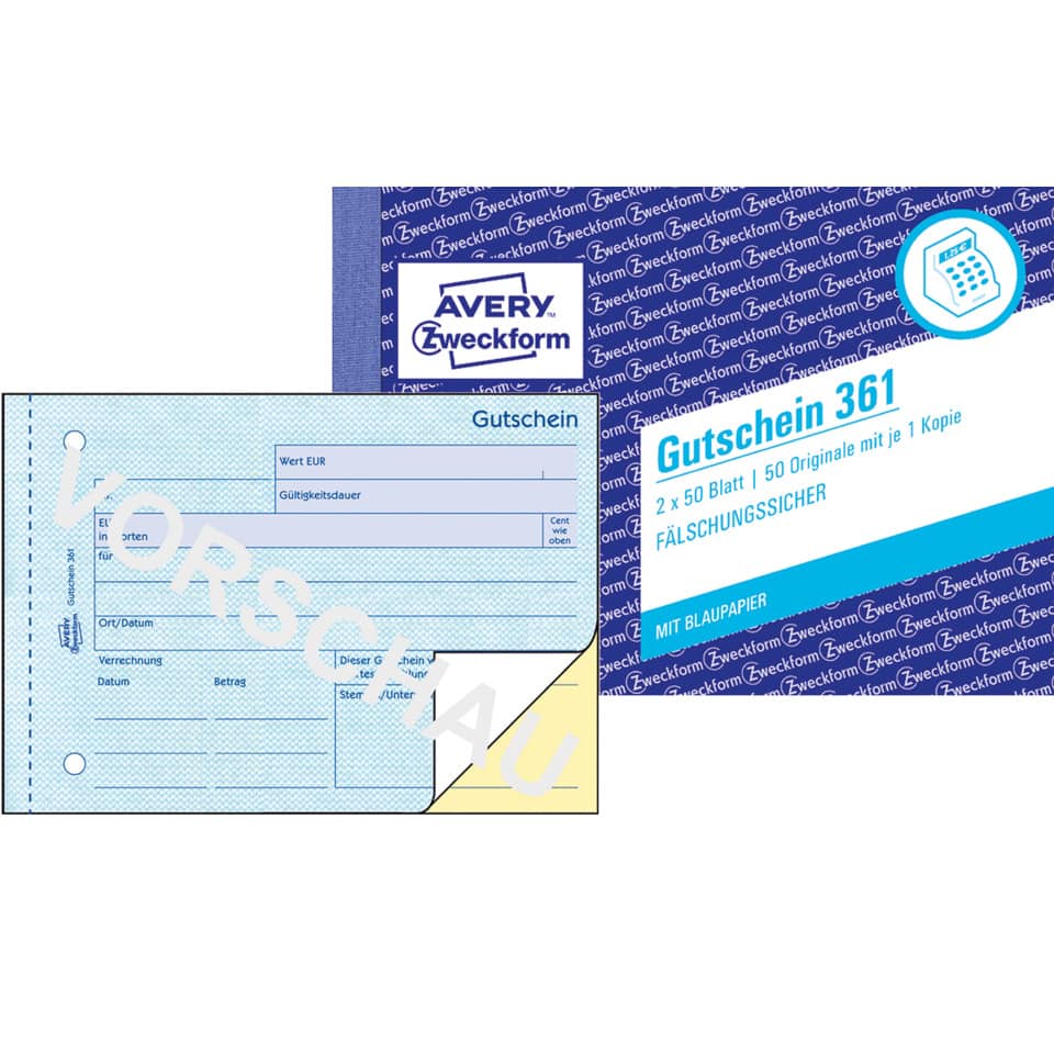 Gutscheinheft, A6 quer, Blaupapier, 2x50 Blatt AVERY ZWECKFORM 361