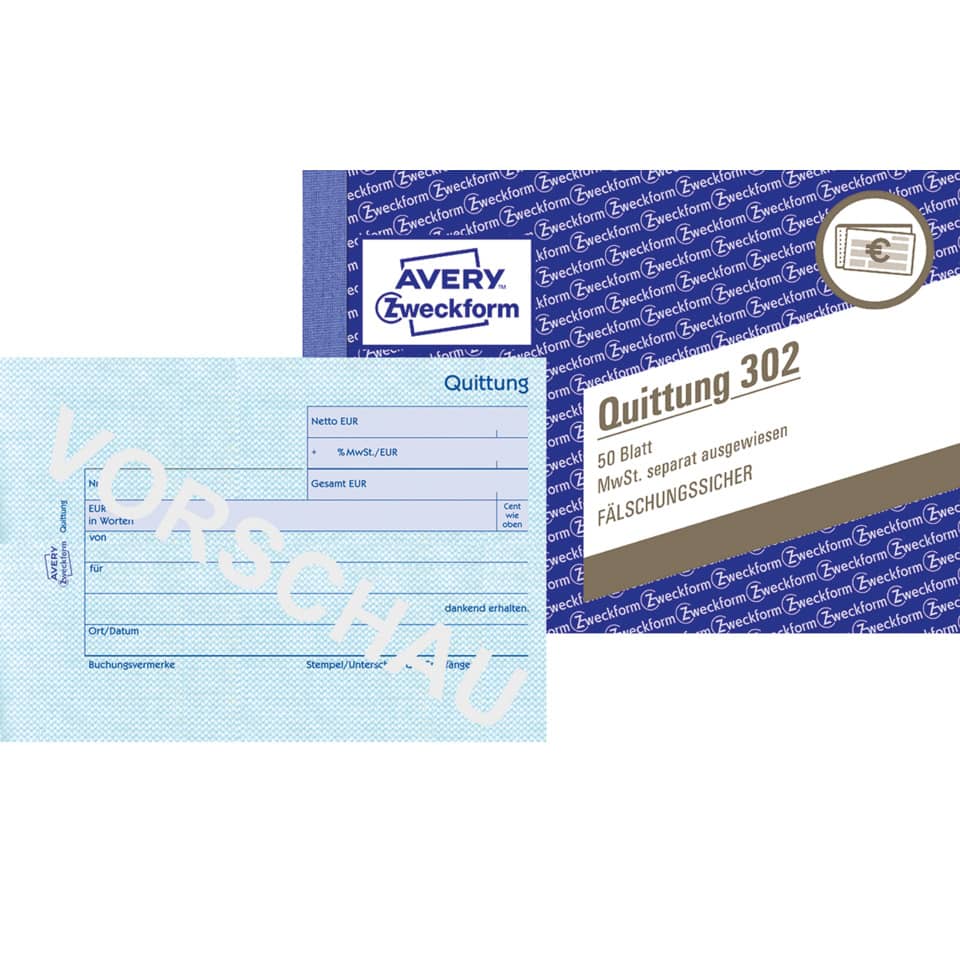 Quittung MwSt. separat ausgewiesen, A6 quer, 50 Blatt AVERY ZWECKFORM 302 ZWECKFORM 302 A6q/50Bl