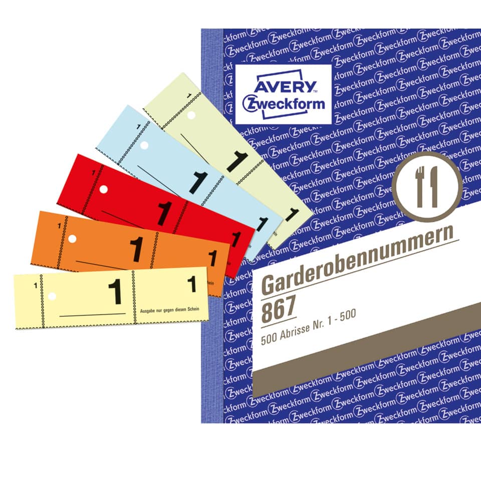 Garderobennummernblock 1-500, sortiert AVERY ZWECKFORM 867 ZWECKFORM 867 1-500