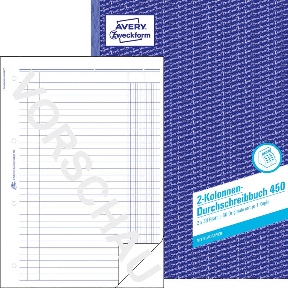 Durchschreibbuch 2 Kolonnen, A4, Blaupapier, 2x50 Blatt AVERY ZWECKFORM 450 ZWECKFORM 450 A4  2x50Bl