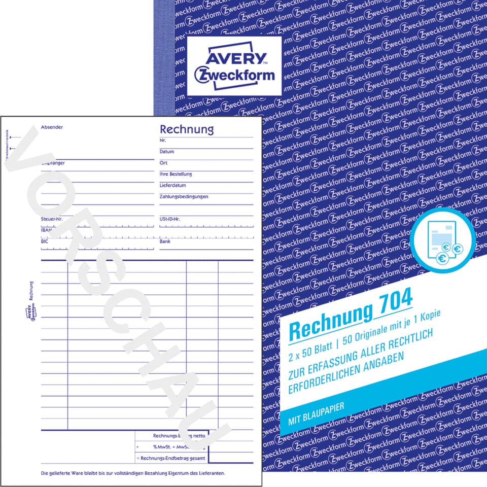 Rechnung mit Blaupapier, A5, 2x50 Blatt AVERY ZWECKFORM 704