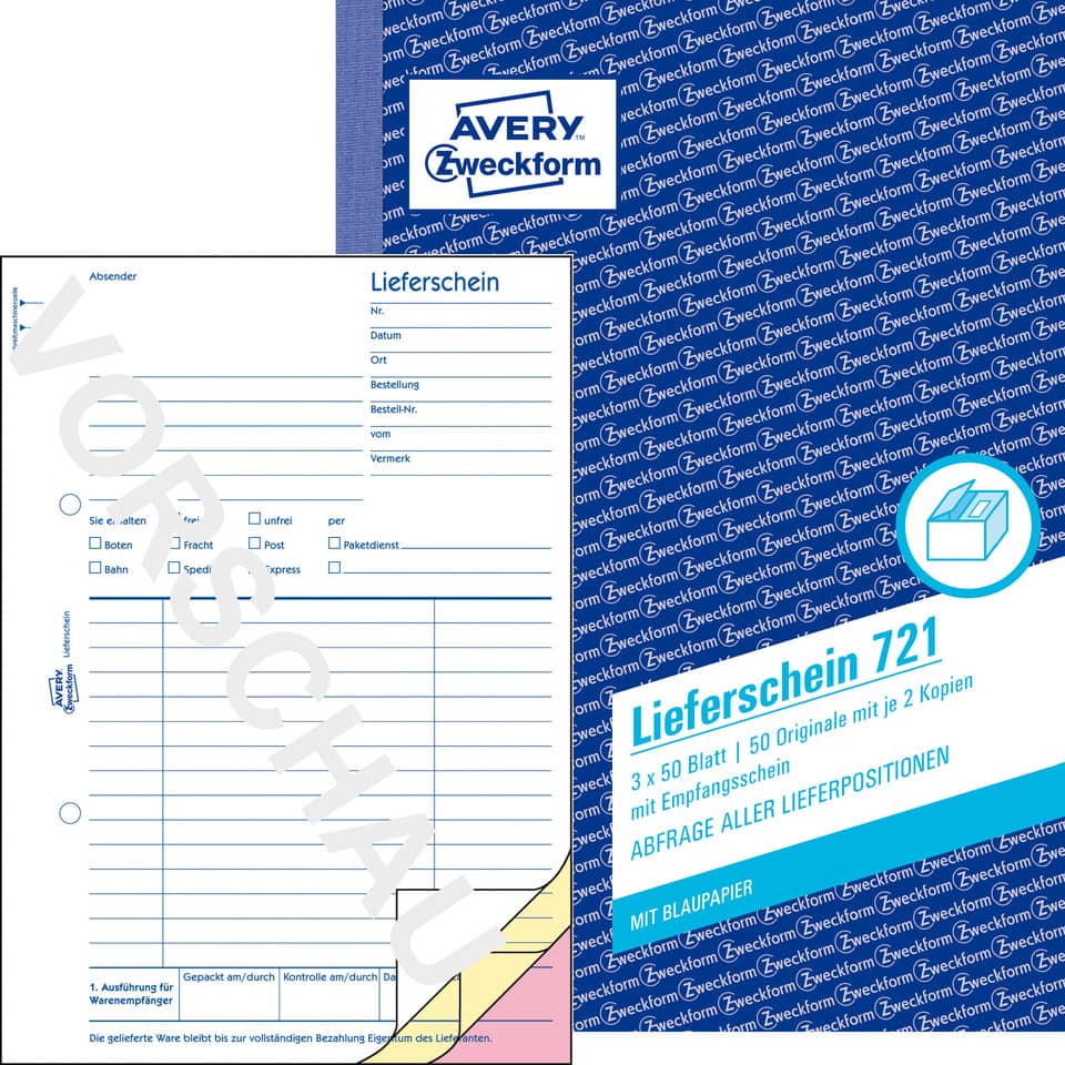 Lieferscheinbuch mit Empfangsschein, A5, Blaupapier, 3x50 Blatt AVERY ZWECKFORM 721