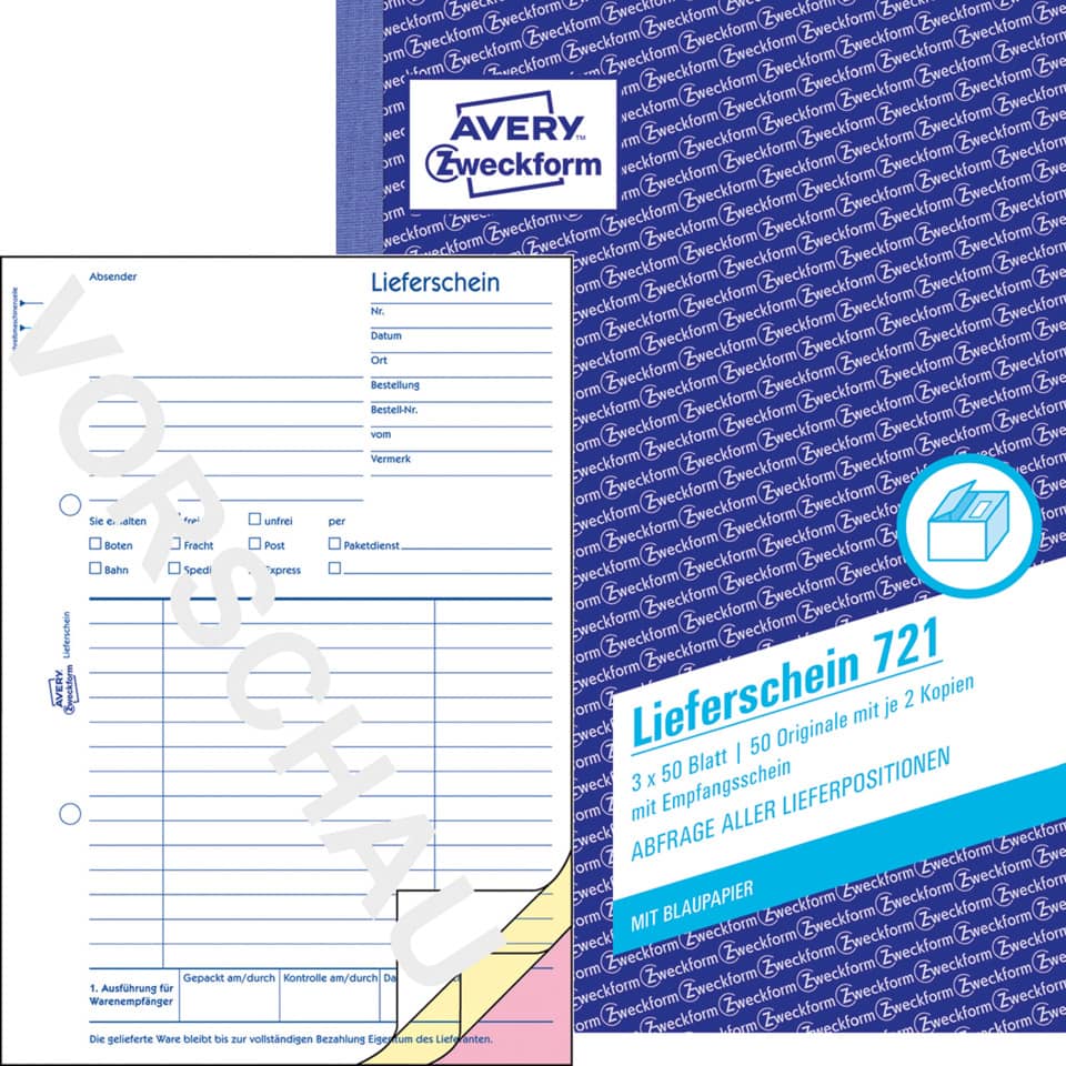 Lieferscheinbuch mit Empfangsschein, A5, Blaupapier, 3x50 Blatt AVERY ZWECKFORM 721
