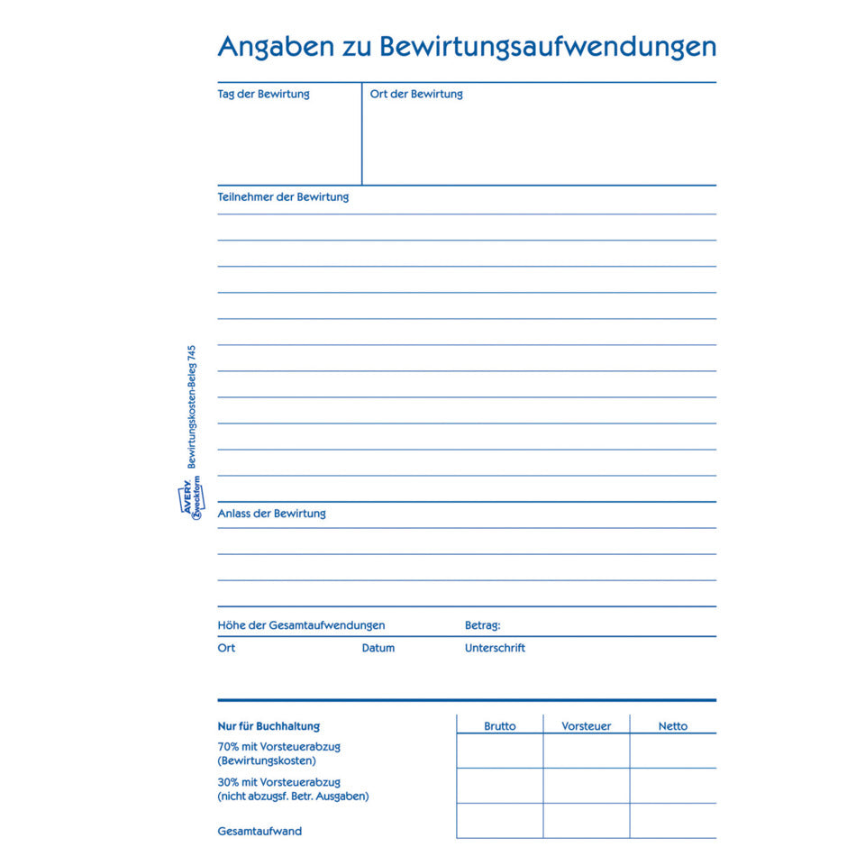 Bewirtungskostenbeleg, A5, 50 Blatt AVERY ZWECKFORM 745 ZWECKFORM 745 A5/50Bl,