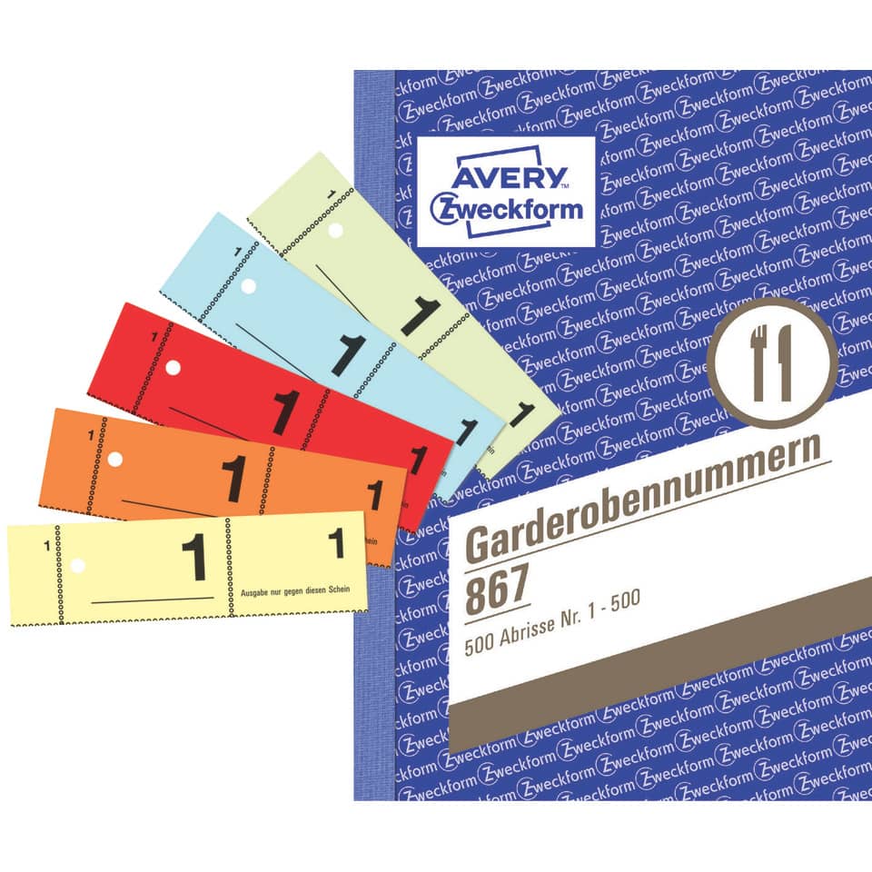 Garderobennummernblock 1-500, sortiert AVERY ZWECKFORM 867 ZWECKFORM 867 1-500