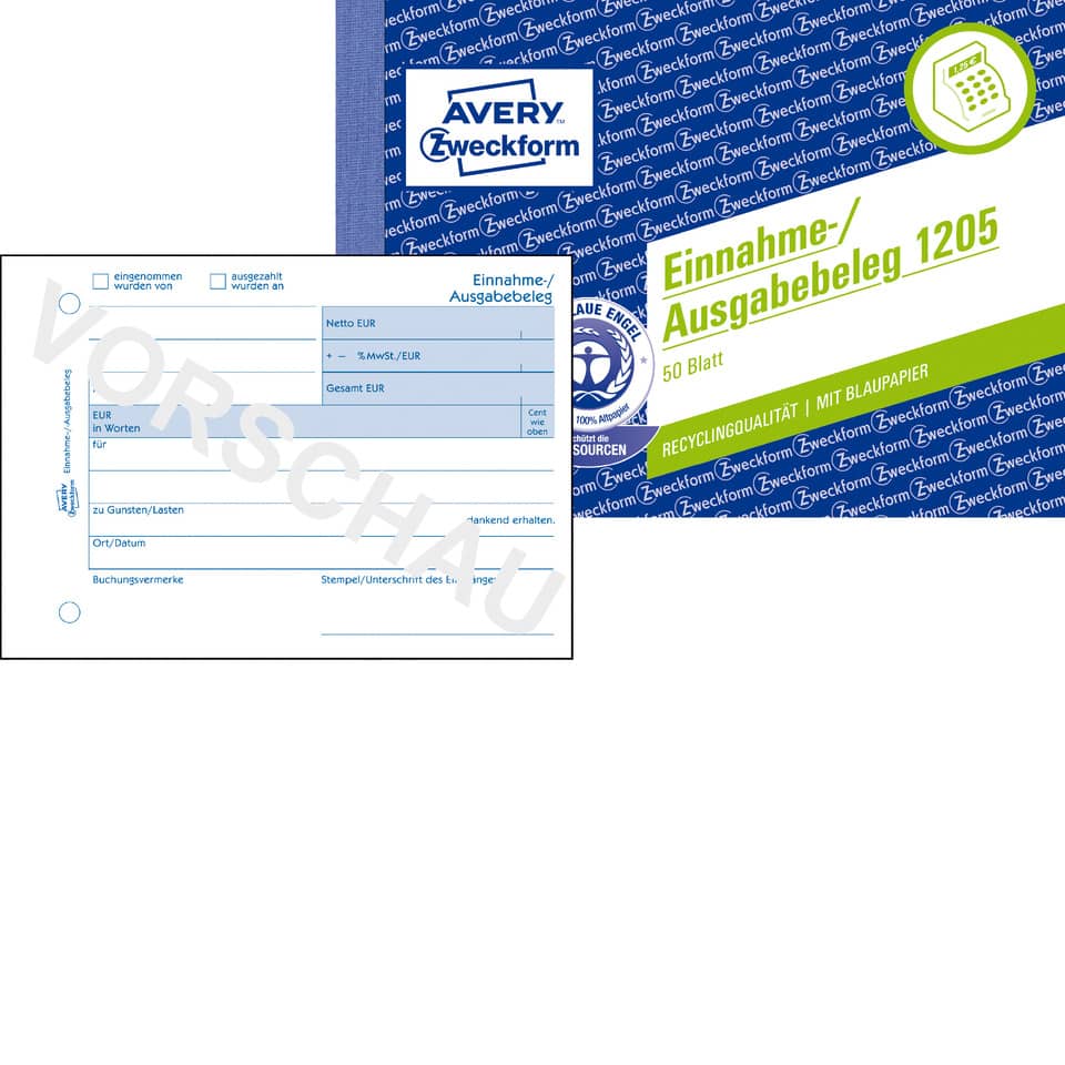 Einnahme-/Ausgabebeleg, A6 quer, Papier, 50 Blatt AVERY ZWECKFORM 1205 ZWECKFORM 1205 recycling