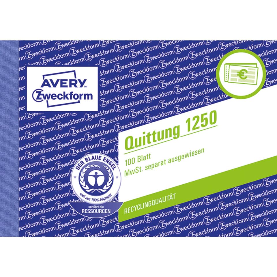 Quittung MwSt. separat ausgewiesen, A6 quer, Papier, 100 Blatt AVERY ZWECKFORM 1250 ZWECKFORM 1250 m.Mwst.Nachw