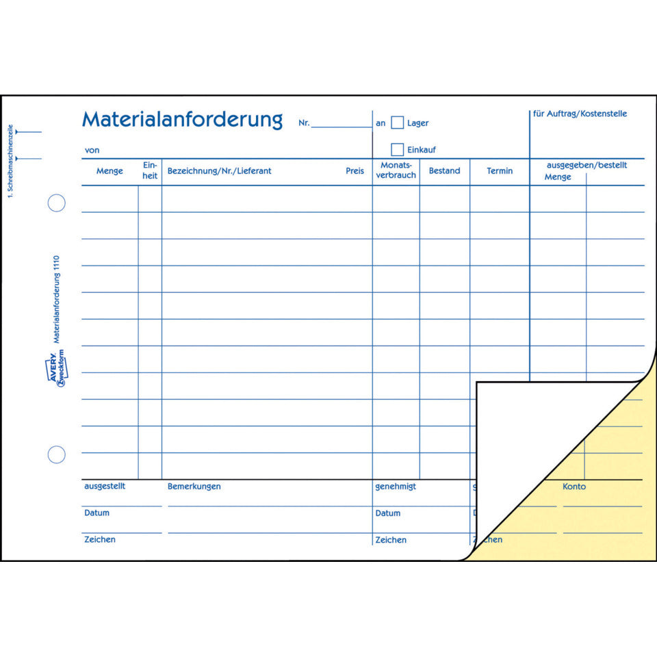 Materialanforderung mit Blaupapier, A5, 2x50 Blatt AVERY ZWECKFORM 1110