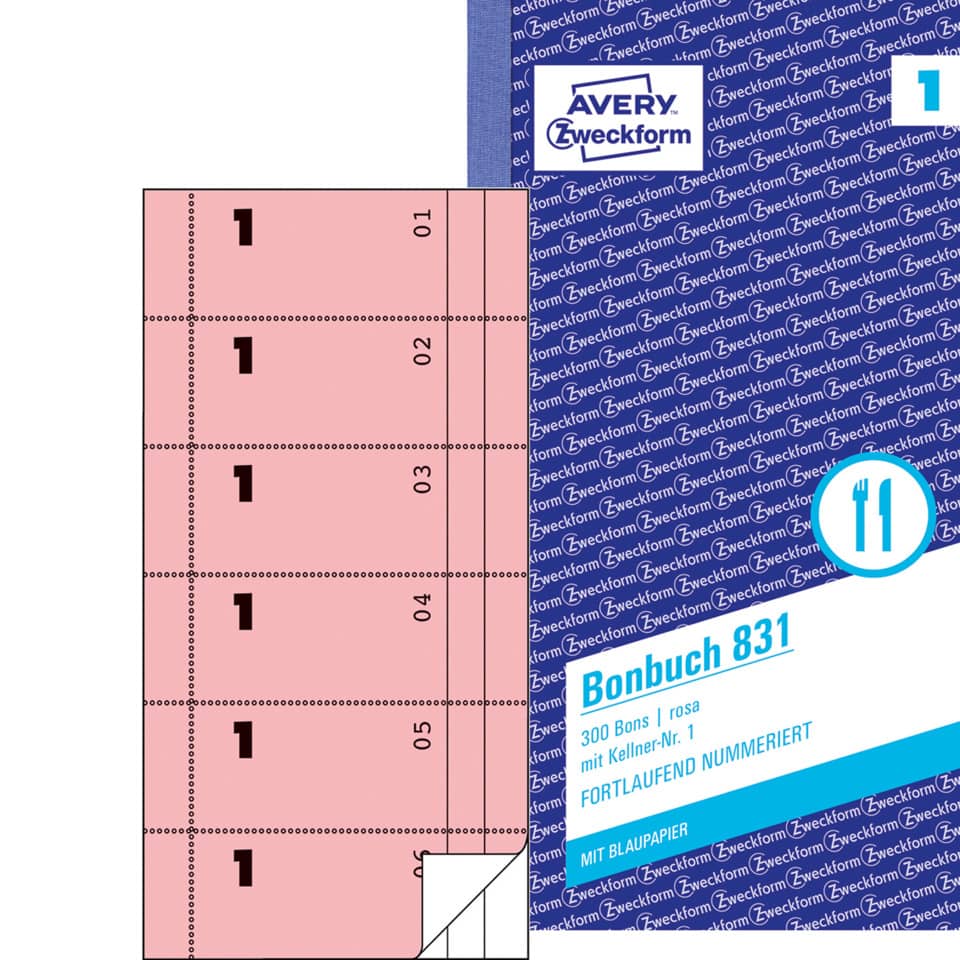 Bonbuch mit Kellner-Nr. 1, 300 Bons, rosa AVERY ZWECKFORM 831 ZWECKFORM 831 2x50Bl