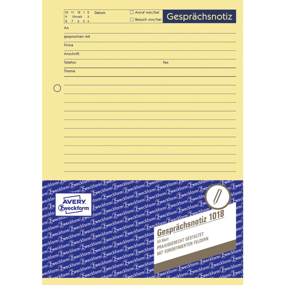 Gesprächsnotiz, A5, 50 Blatt, gelb AVERY ZWECKFORM 1018