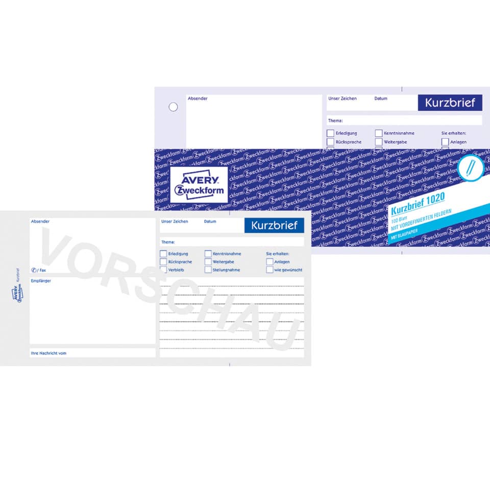 Kurzbrief, 21 x 10,5cm, Blaupapier, 100 Blatt AVERY ZWECKFORM 1020