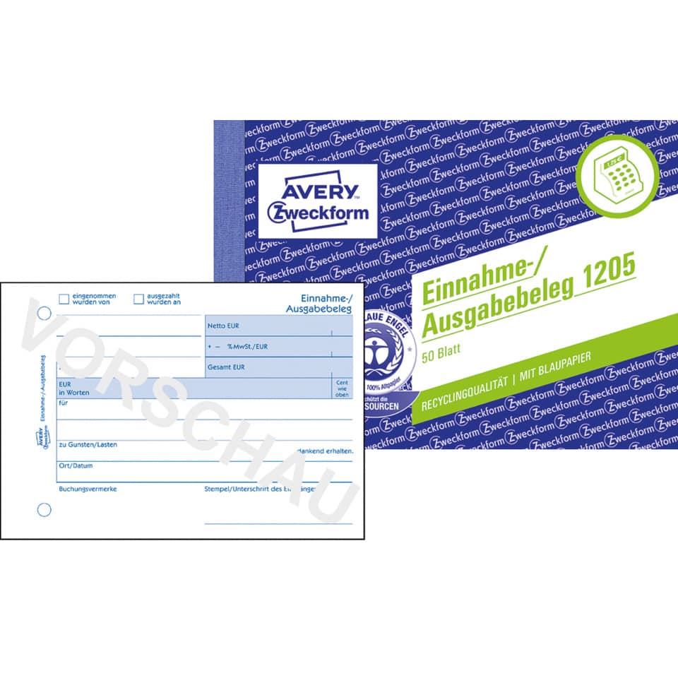 Einnahme-/Ausgabebeleg, A6 quer, Papier, 50 Blatt AVERY ZWECKFORM 1205 ZWECKFORM 1205 recycling