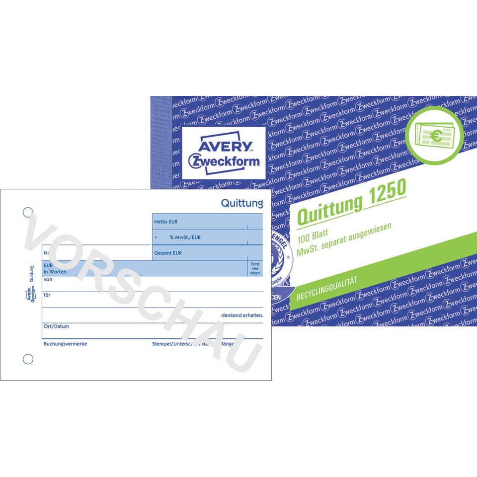 Quittung MwSt. separat ausgewiesen, A6 quer, Papier, 100 Blatt AVERY ZWECKFORM 1250 ZWECKFORM 1250 m.Mwst.Nachw