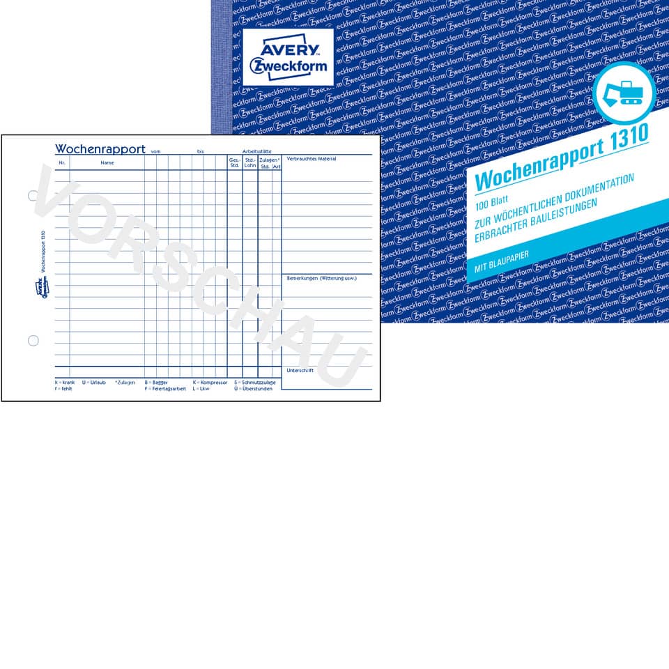 Wochenrapport mit Blaupapier, A5 quer, 100 Blatt AVERY ZWECKFORM 1310 ZWECKFORM 1310 Wochenrapport