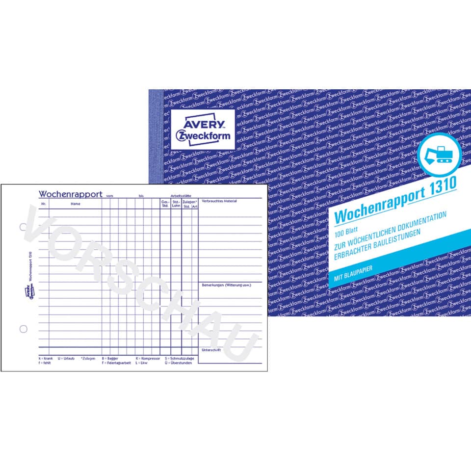 Wochenrapport mit Blaupapier, A5 quer, 100 Blatt AVERY ZWECKFORM 1310 ZWECKFORM 1310 Wochenrapport