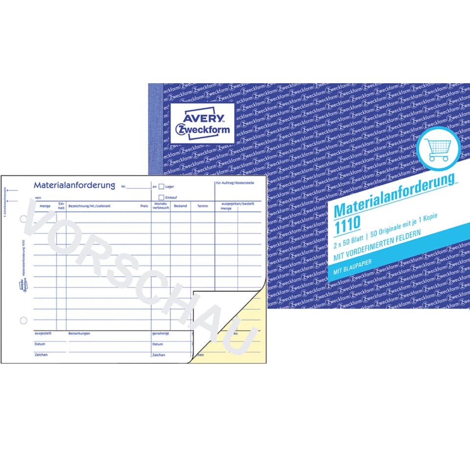 Materialanforderung mit Blaupapier, A5, 2x50 Blatt AVERY ZWECKFORM 1110