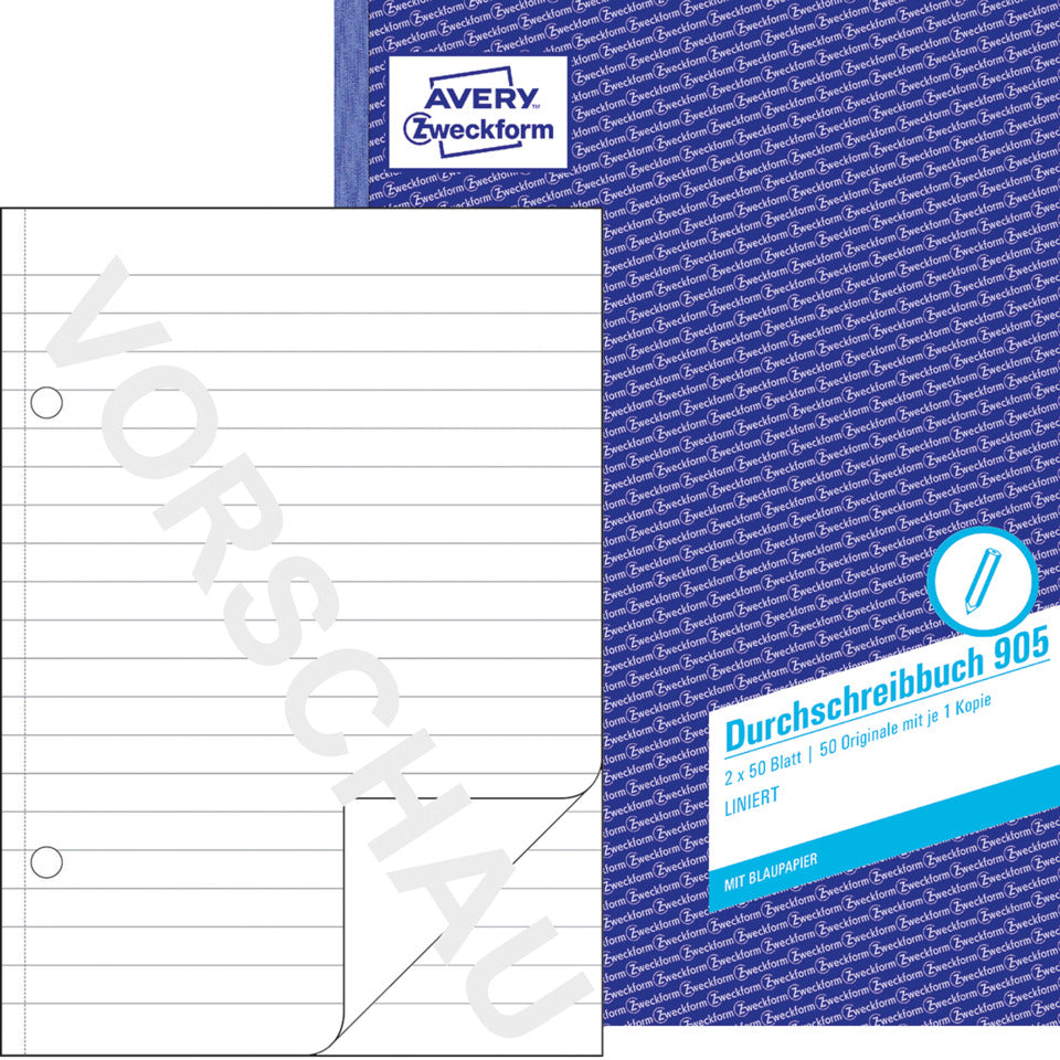 Durchschreibbuch mit Blaupapier, A4, 2x50 Blatt, liniert AVERY ZWECKFORM 905 ZWECKFORM 905 liniert