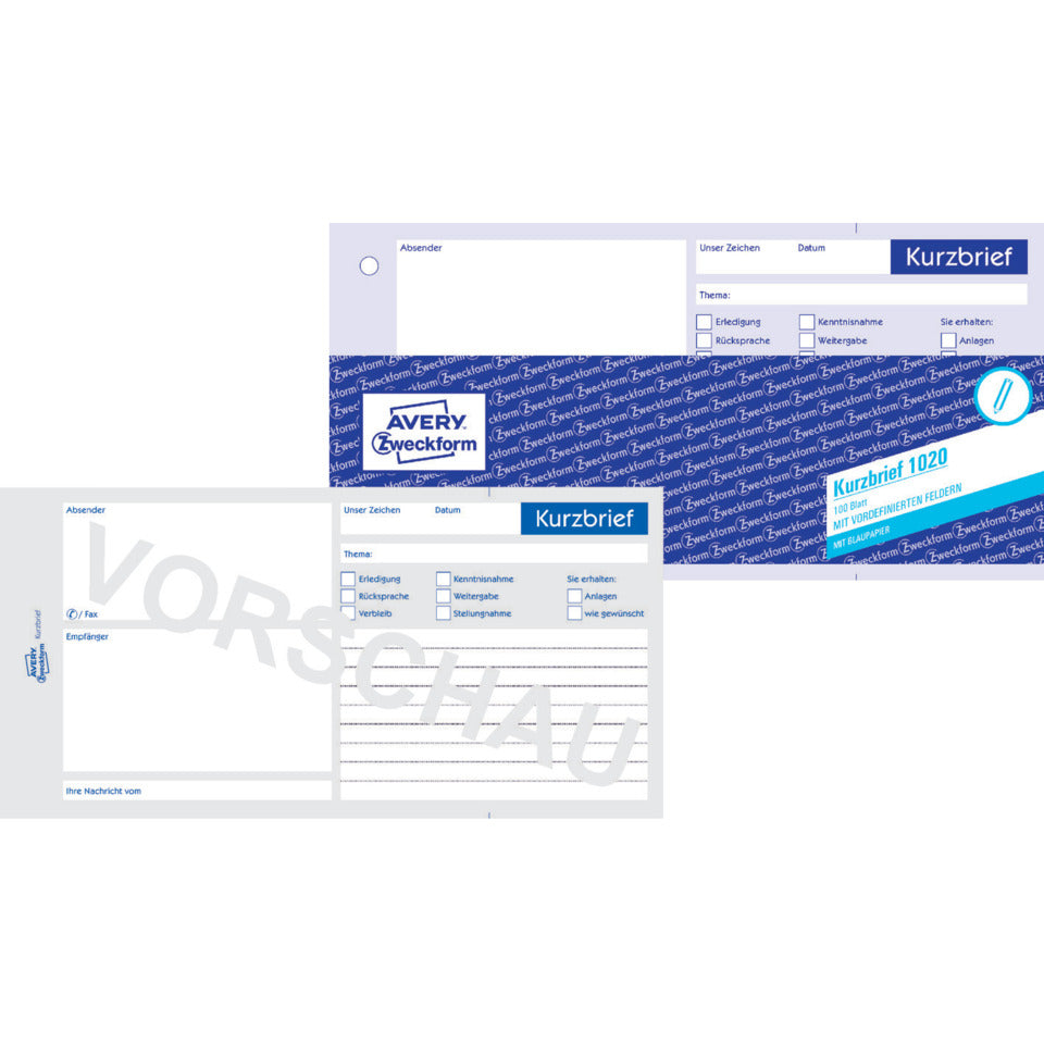 Kurzbrief, 21 x 10,5cm, Blaupapier, 100 Blatt AVERY ZWECKFORM 1020