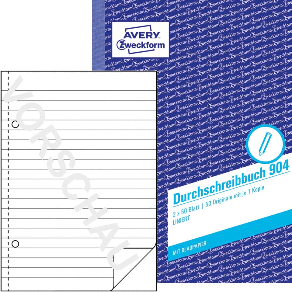 Durchschreibbuch mit Blaupapier, A5, 2x50 Blatt, liniert AVERY ZWECKFORM 904