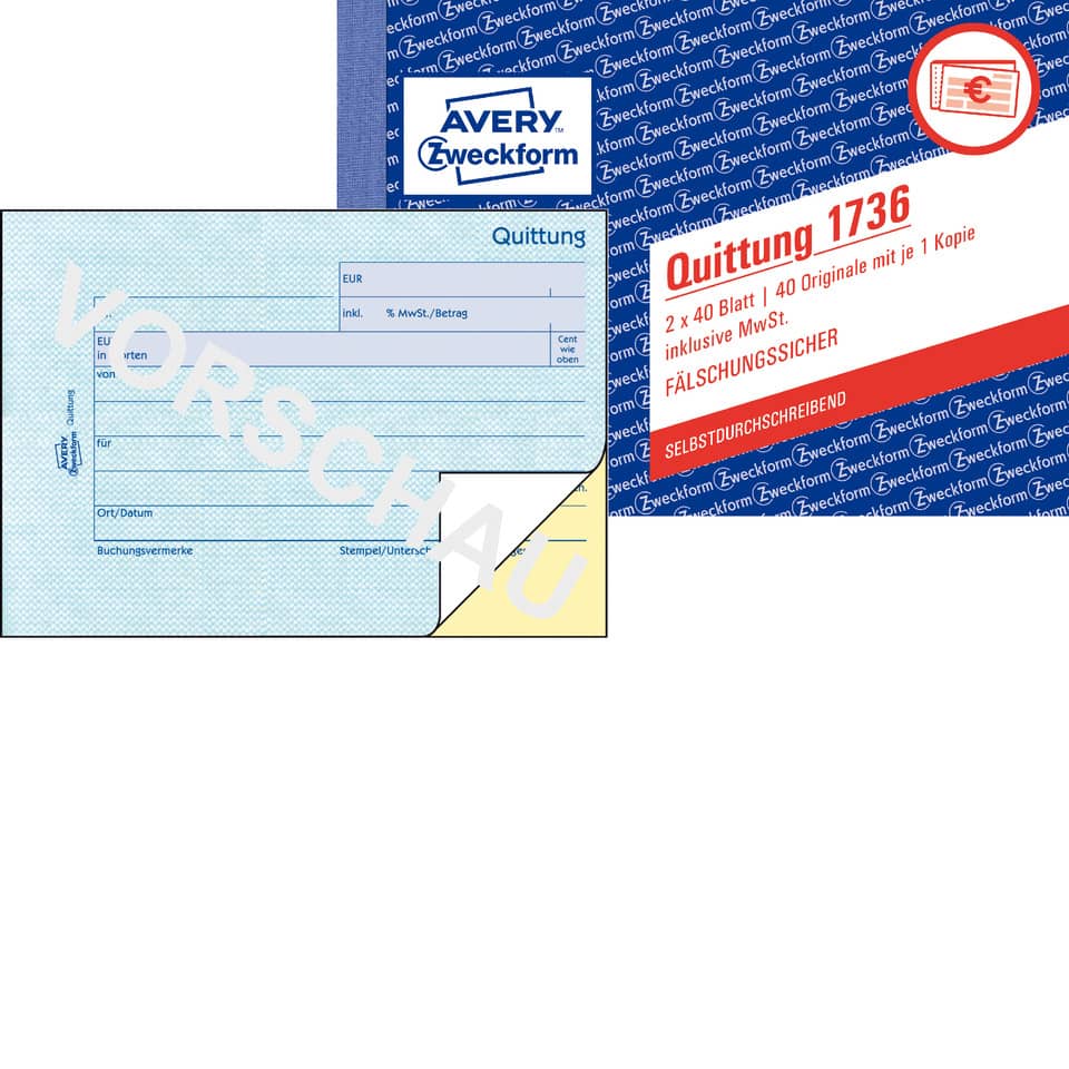 Quittung inkl. MwSt., A6 quer, selbstdurchschreibend, 2x40 Blatt AVERY ZWECKFORM 1736 ZWECKFORM 1736 o,Mwst,Nachw,