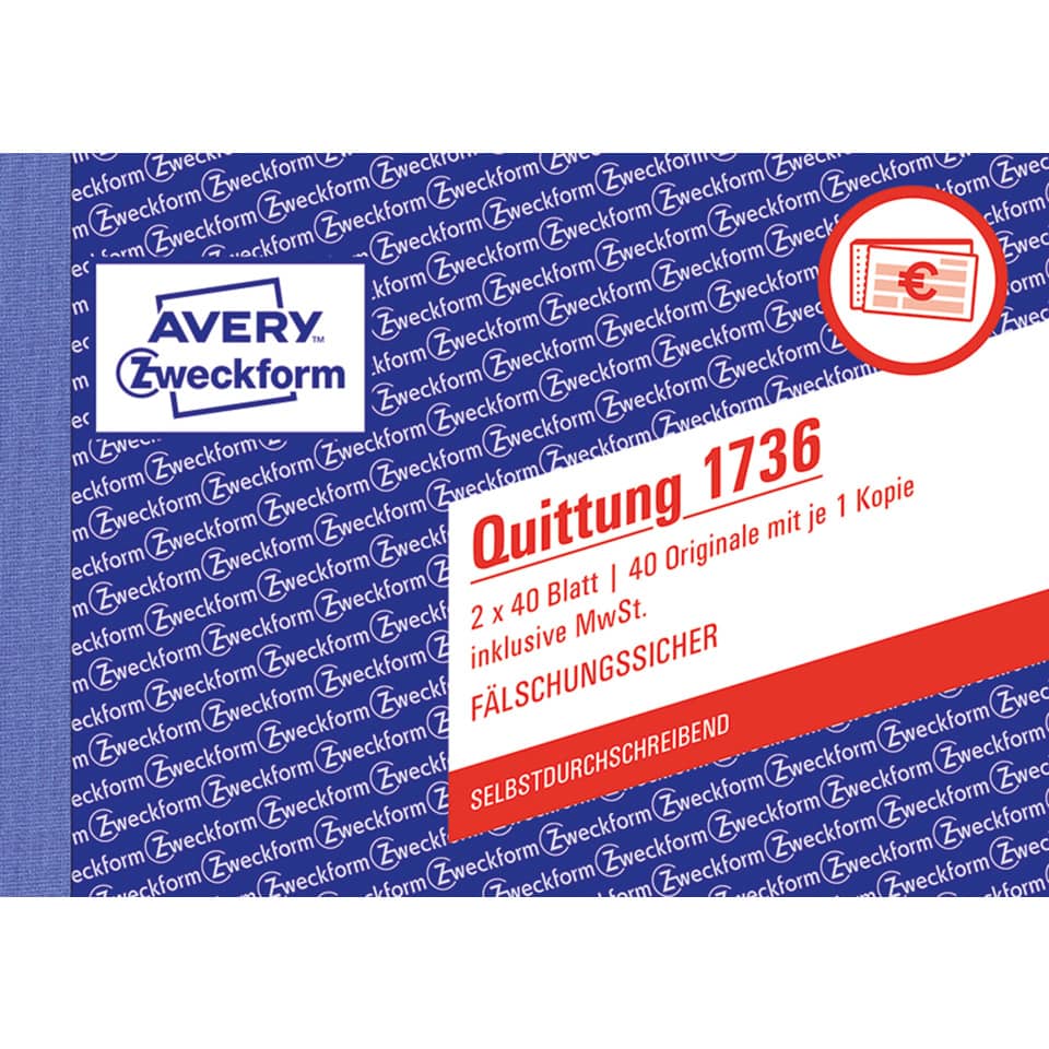 Quittung inkl. MwSt., A6 quer, selbstdurchschreibend, 2x40 Blatt AVERY ZWECKFORM 1736 ZWECKFORM 1736 o,Mwst,Nachw,