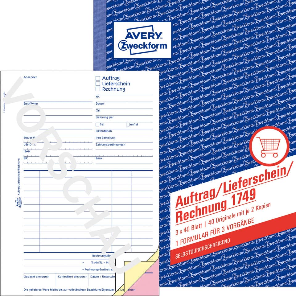 Auftrag/Lieferschein/Rechnung, A5, selbstdurchschreibend, 3x40 Blatt AVERY ZWECKFORM 1749 ZWECKFORM 1749 Rechn,Auftr,Lief,