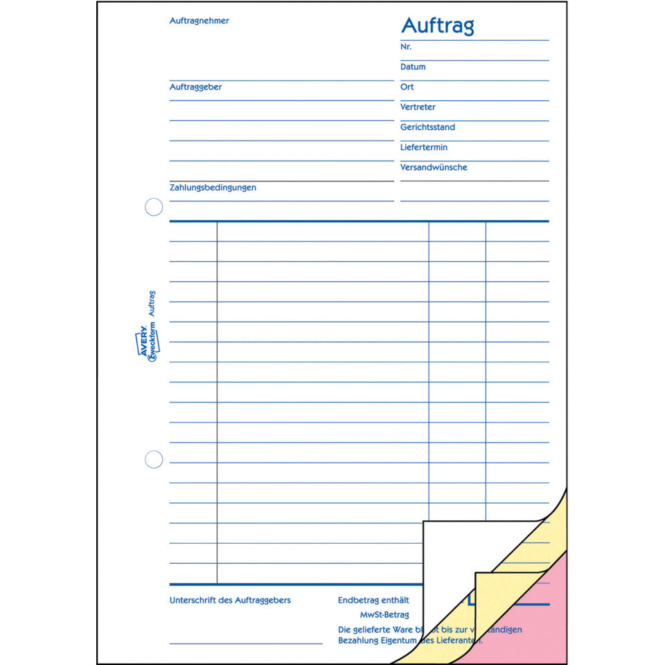 Auftrag, A5, selbstdurchschreibend, 3x40 Blatt AVERY ZWECKFORM 1726